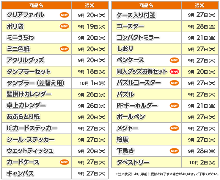 グッズ商品一覧表